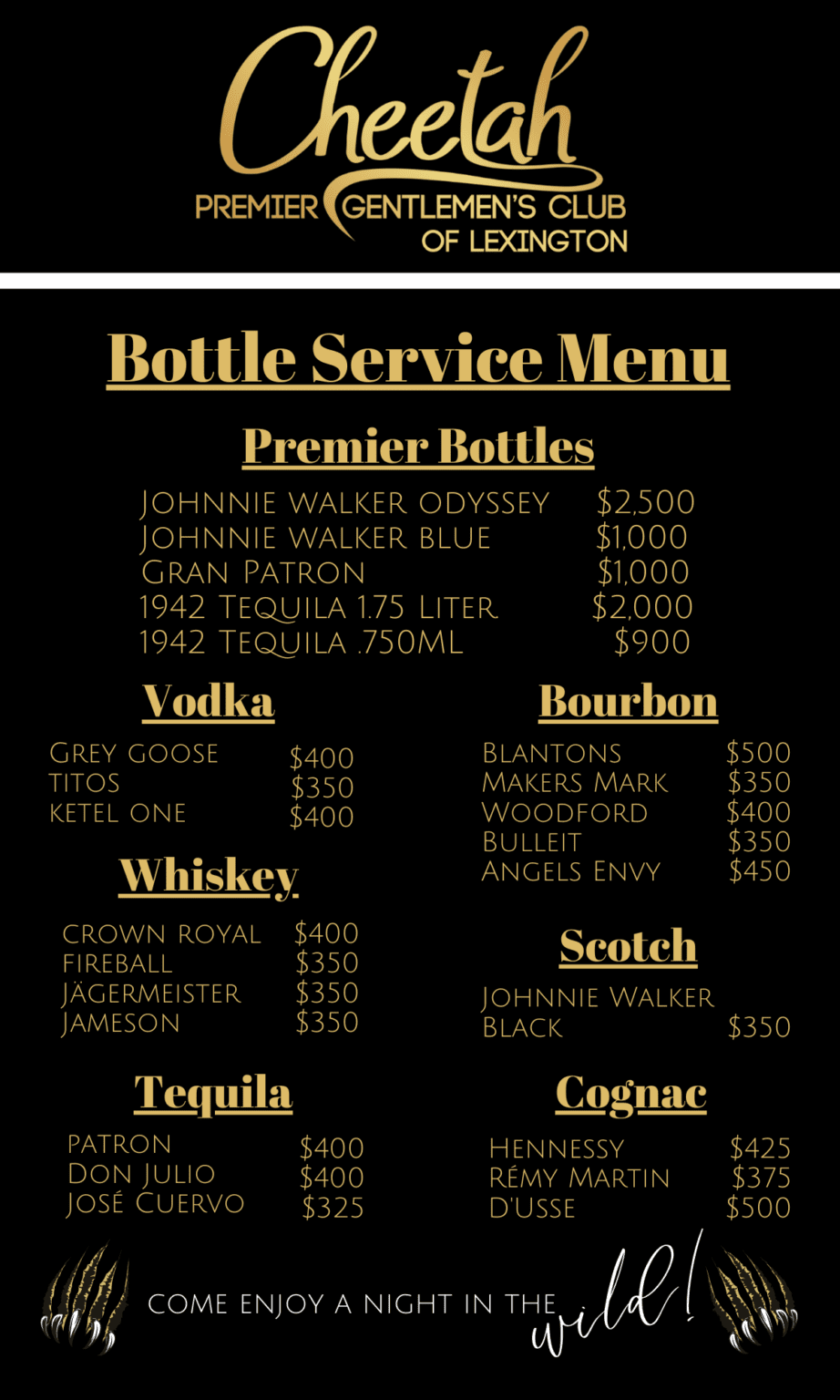 Cheetah Lexington bottle menu