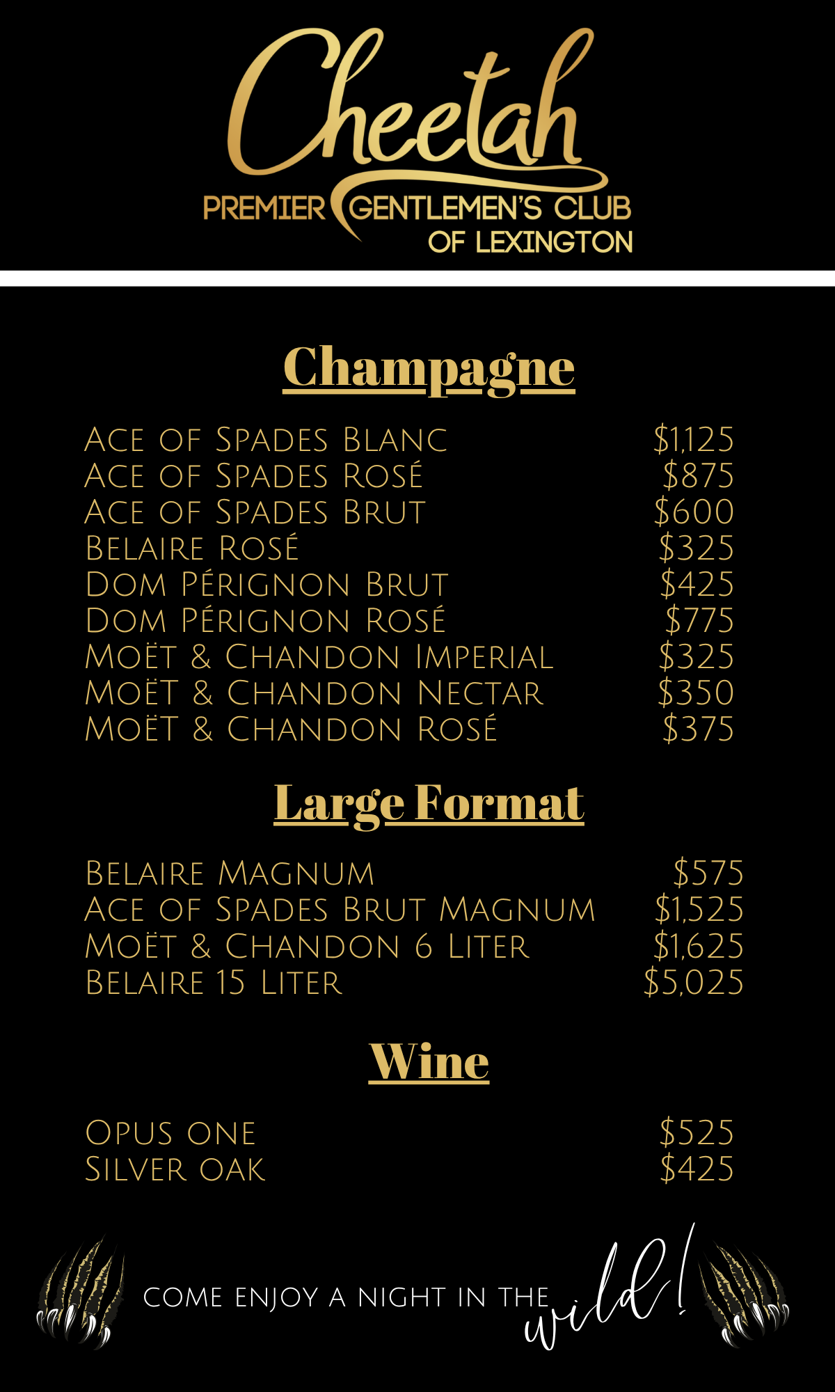 Cheetah Lexington champagne menu
